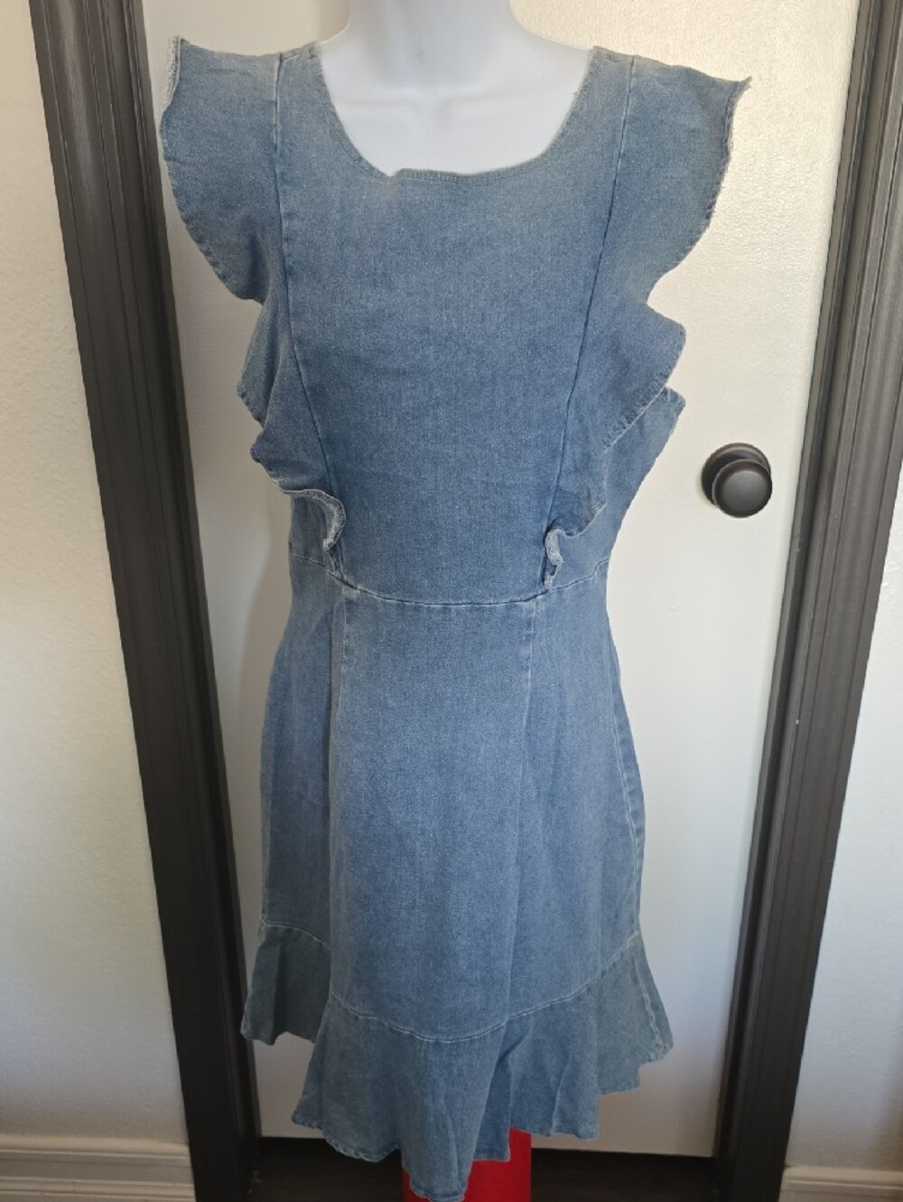 Denim Ruffle Hem Sleeveless Dress - Light Blue - Picture 2 of 4